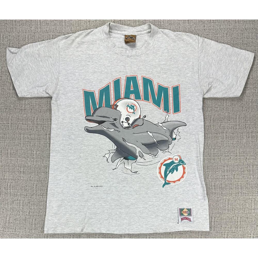 Vintage Miami Dolphins Shirt Mens Medium Gray Breakthough Nutmeg Mills USA 90s